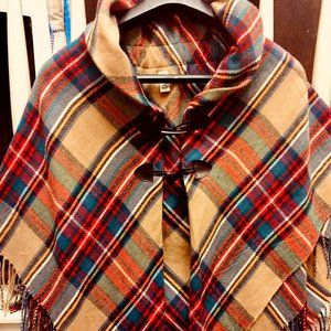 Fall Classy Tan Plaid Poncho with Toggle Closure